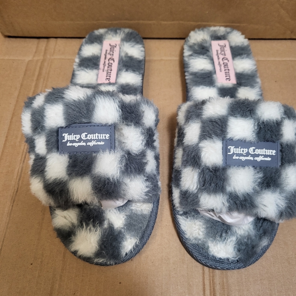 Juicy Couture Gray/White Checkerboard Slides Women Size 9/10 Large
